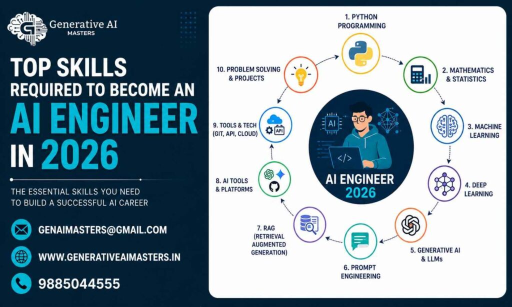 Top Skills Required to Become an AI Engineer in 2026 infographic showing Python, Machine Learning, Deep Learning, Generative AI, Prompt Engineering, RAG, and AI career roadmap