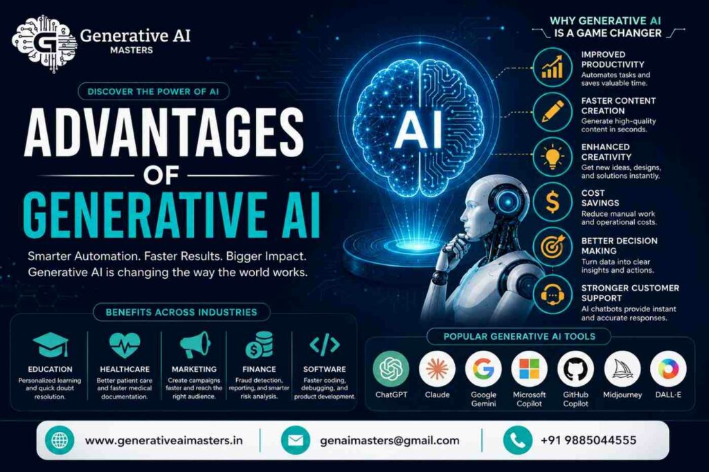 Advantages of Generative AI infographic showing productivity, automation, creativity, cost savings, decision-making, industry applications, and popular AI tools