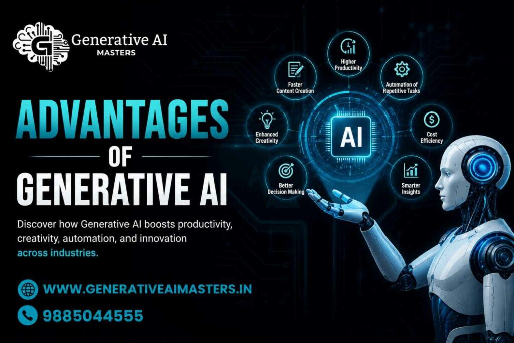 Advantages of Generative AI infographic showing productivity, creativity, automation, cost savings, and AI tools