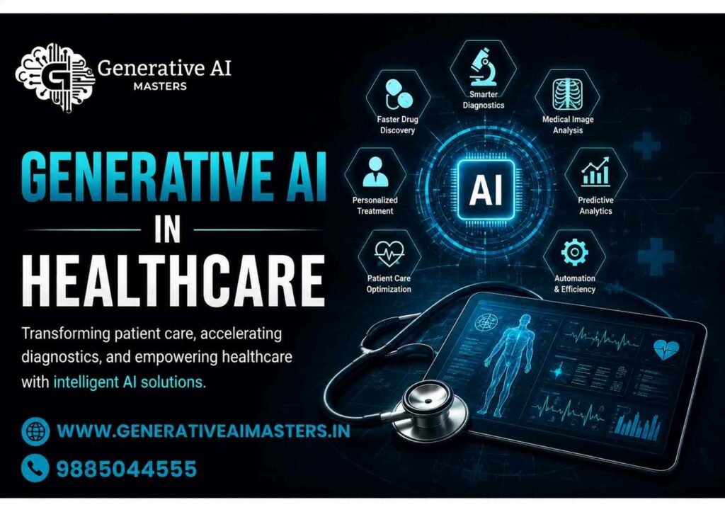 Infographic about Generative AI in Healthcare showing AI-powered diagnostics, drug discovery and development, personalized treatment, AI healthcare assistants, operational efficiency, and data security, with Generative AI Masters branding.