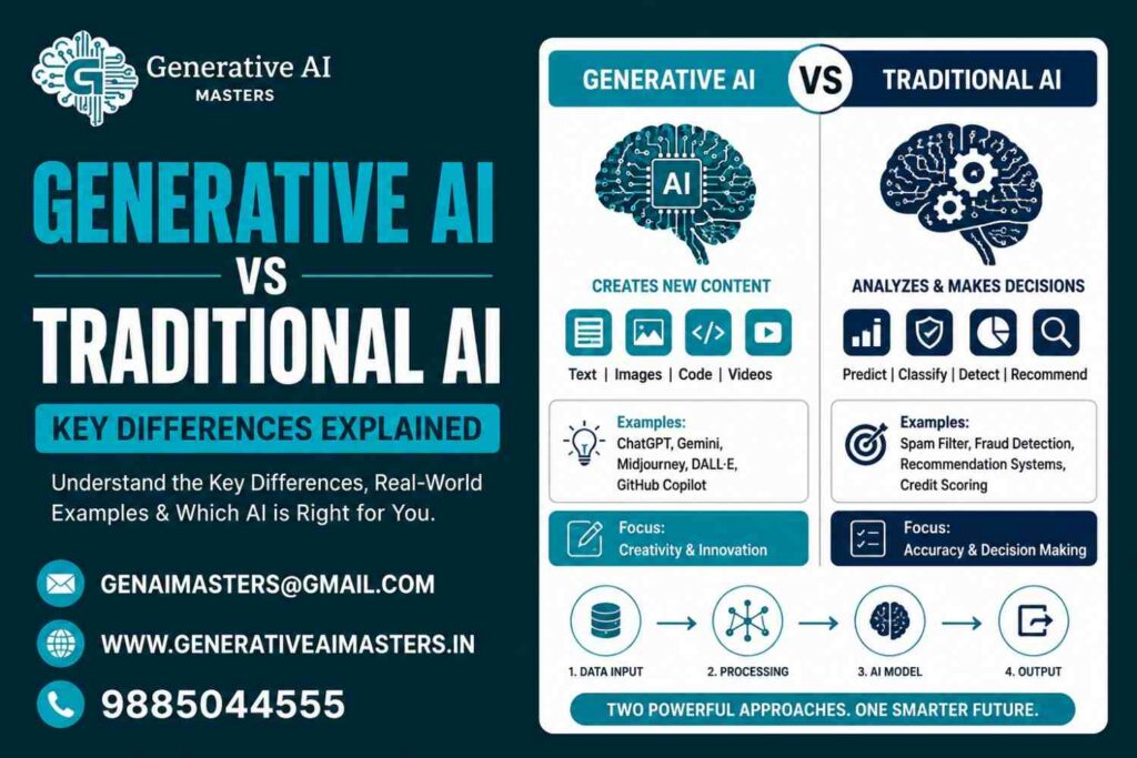 Professional infographic comparing Generative AI and Traditional AI with key differences, examples, use cases, AI tools, and decision-making features, designed by Generative AI Masters.