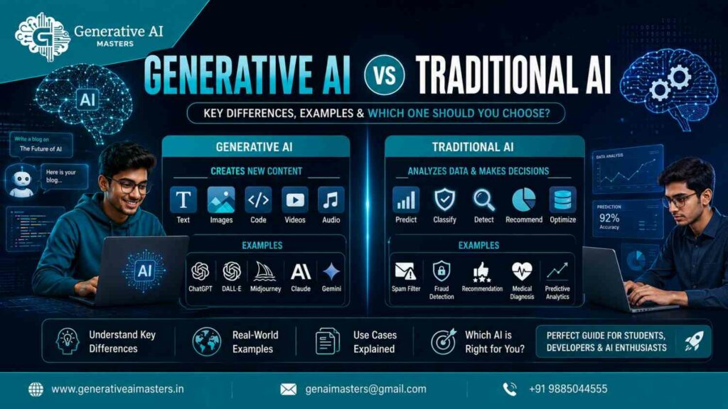 Professional infographic comparing Generative AI and Traditional AI with key differences, use cases, popular AI tools, and real-world examples in a modern AI-themed design by Generative AI Masters.