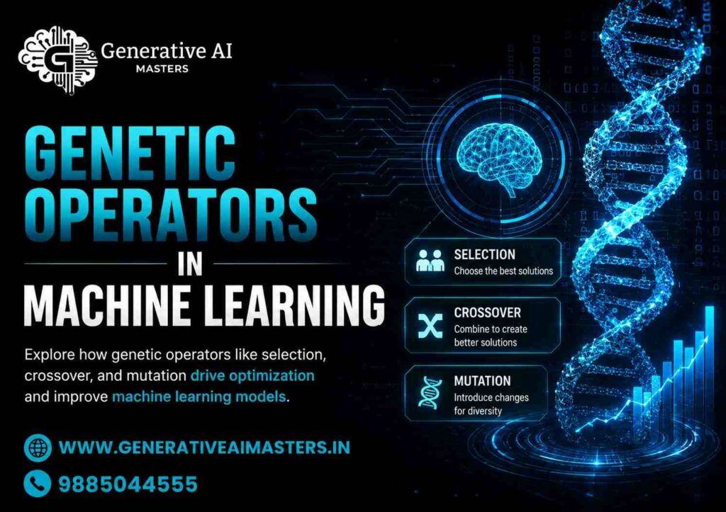 Infographic explaining Genetic Operators in Machine Learning, including Selection, Crossover, Mutation, and Replacement with examples and benefits.