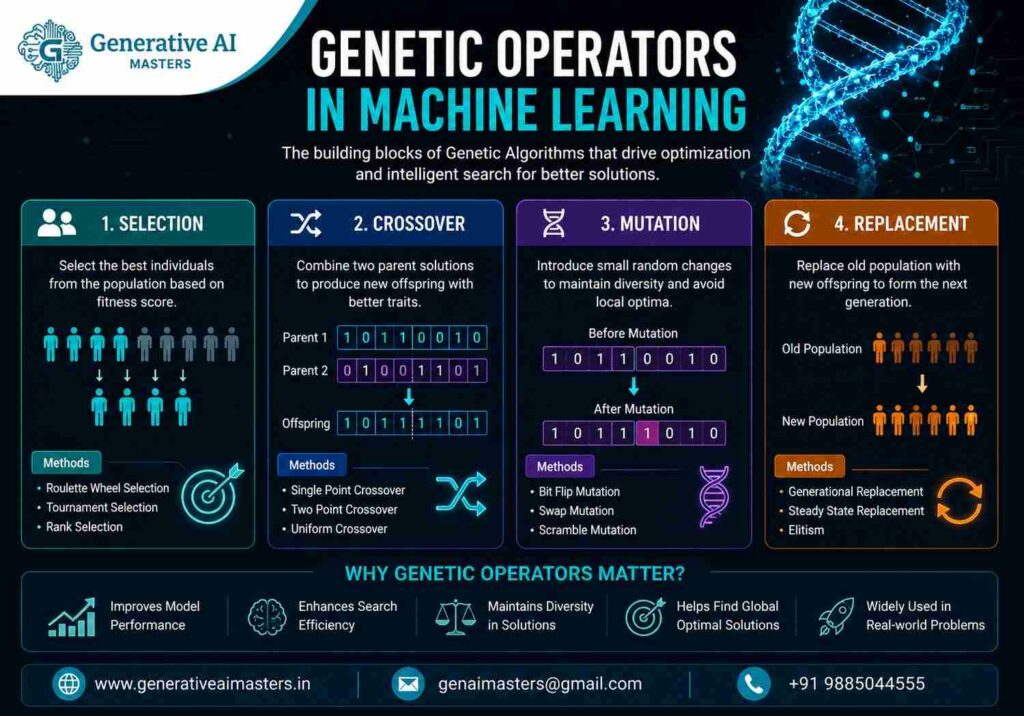 Genetic Operators in Machine Learning infographic showing Selection, Crossover, Mutation, and Replacement with examples, methods, and benefits.