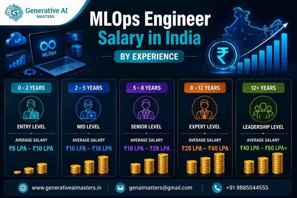 MLOps Engineer Salary in India by Experience infographic showing salary ranges from ₹6–10 LPA for 0–2 years to ₹40–60+ LPA for 12+ years, with Generative AI Masters branding and MLOps technology visuals.