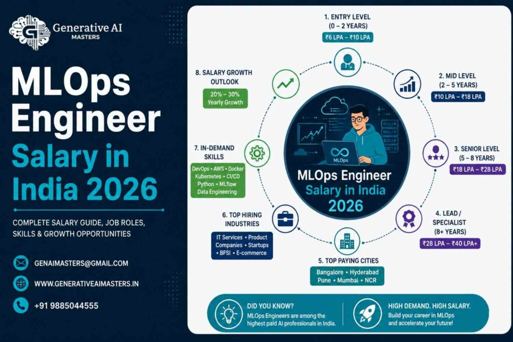 MLOps Engineer Salary in India 2026 infographic showing salary ranges by experience level, top-paying cities, in-demand MLOps skills, hiring industries, and career growth opportunities, branded by Generative AI Masters.