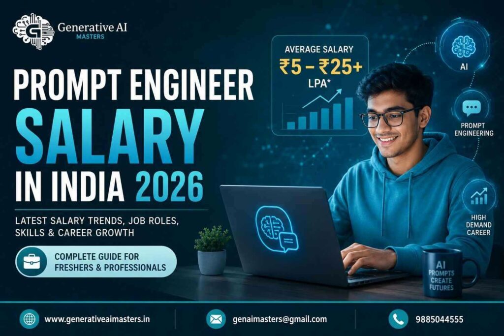 Prompt Engineer Salary in India 2026 infographic showing average salary, experience-wise salary ranges, factors affecting salary, and top skills required for Prompt Engineers.