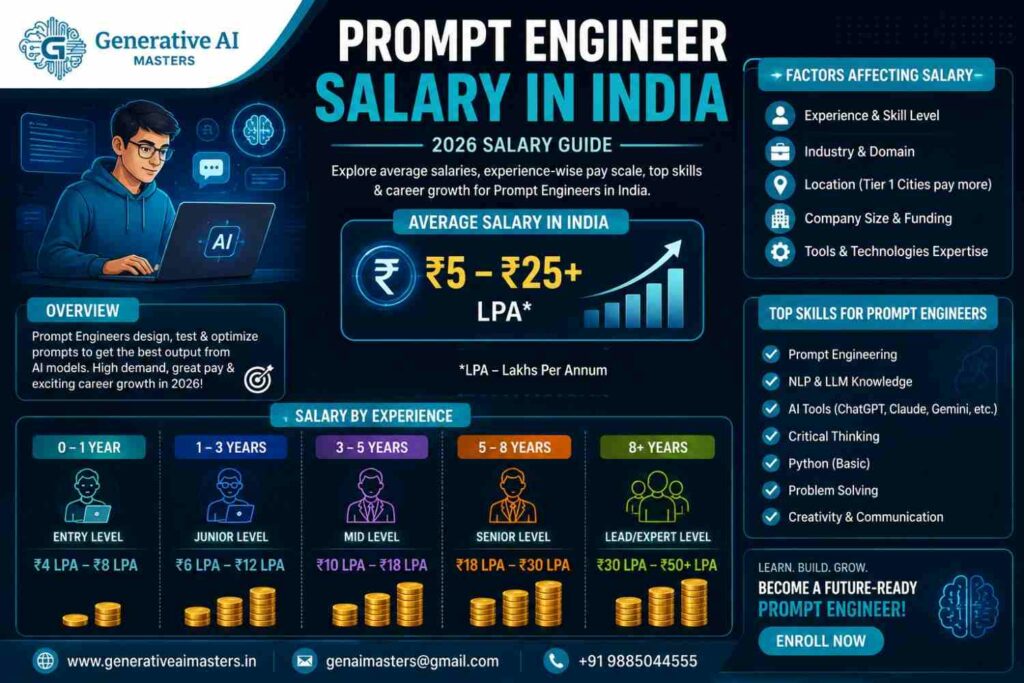 Prompt Engineer Salary in India 2026 infographic showing average salary, experience-wise salary ranges, salary factors, and top skills required for Prompt Engineers.