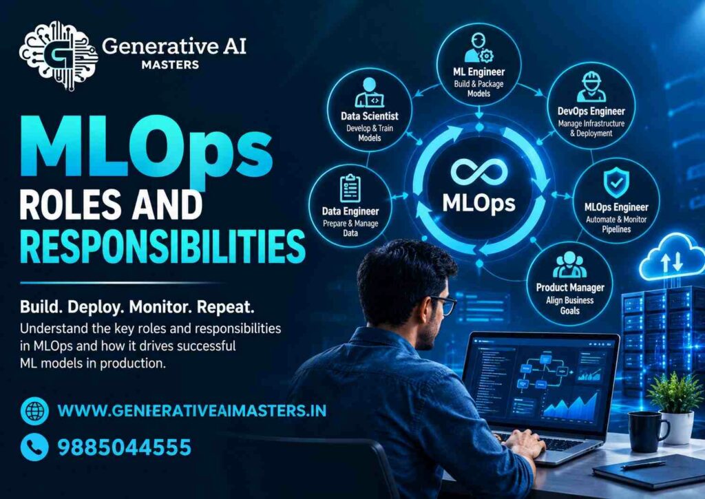 MLOps Roles and Responsibilities in 2026 featuring ML Engineer, DevOps Engineer, MLOps Engineer, Data Engineer, Data Scientist, and Product Manager roles.