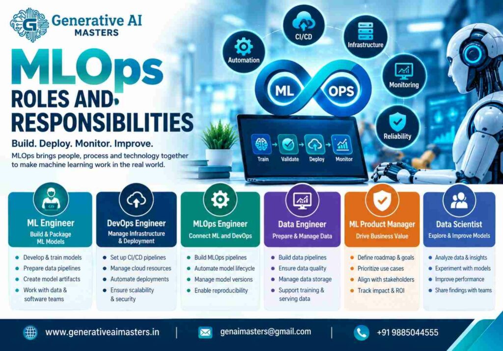 MLOps Roles and Responsibilities in 2026 infographic showing ML Engineer, DevOps Engineer, MLOps Engineer, Data Engineer, Data Scientist, and Product Manager roles.