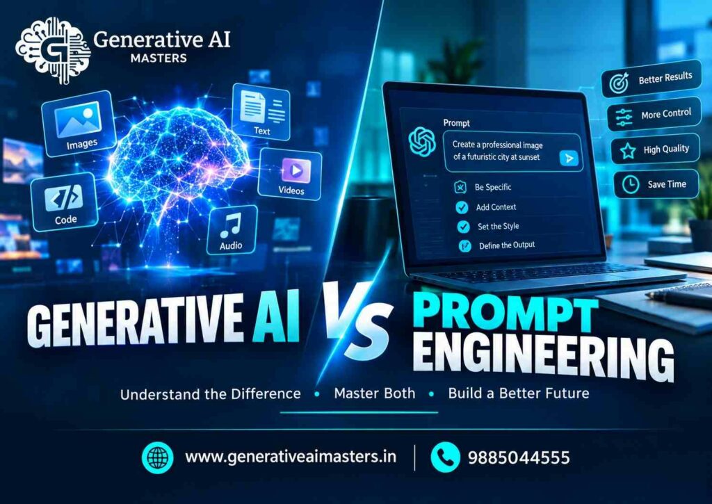 Generative AI vs Prompt Engineering comparison infographic showing key differences, applications, and benefits of both AI skills.