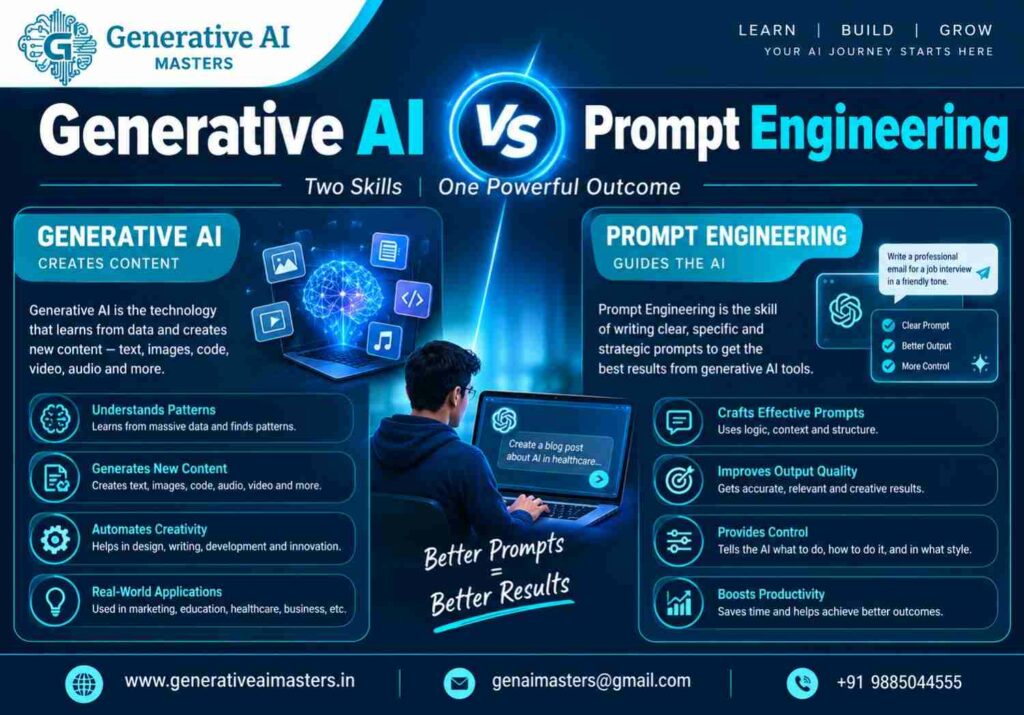 Generative AI vs Prompt Engineering infographic comparing AI content generation with prompt design, control, output quality, and productivity.