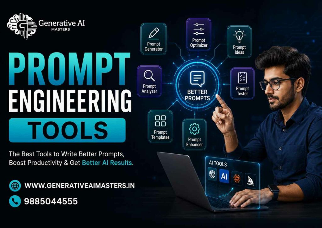 Prompt Engineering Tools infographic showing AI prompt generators, optimizers, analyzers, templates, idea tools, testers, and automation tools with a professional person using AI tools on a laptop.