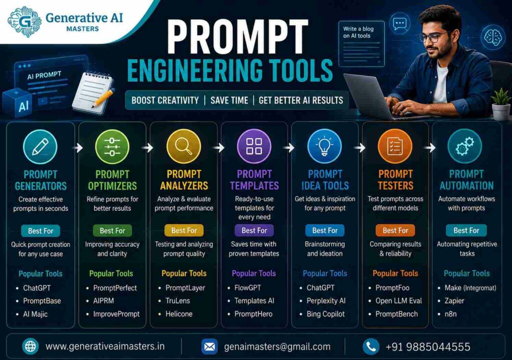 15+ best prompt engineering tools in 2026 infographic showing prompt generators, optimizers, analyzers, templates, idea tools, testers, and AI automation tools.
