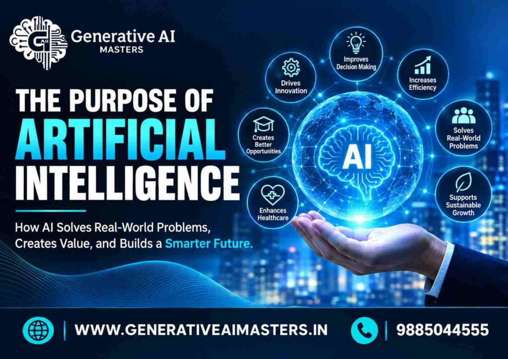 The Purpose of Artificial Intelligence showing AI benefits such as innovation, decision-making, efficiency, healthcare, real-world problem solving, opportunities, and sustainable growth.