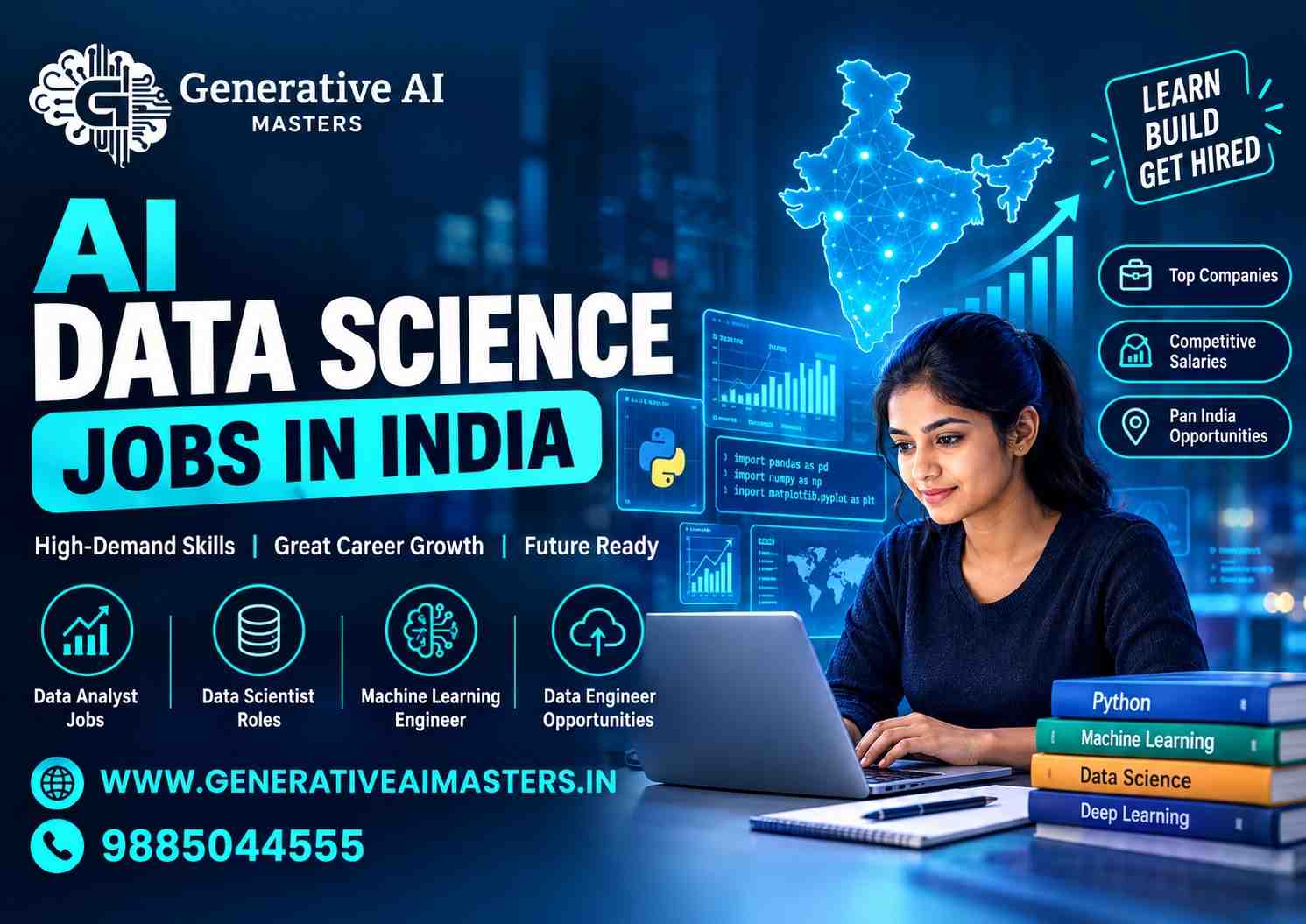 AI Data Science Jobs in India infographic featuring career opportunities for Data Scientists, Data Analysts, Machine Learning Engineers, and Data Engineers.